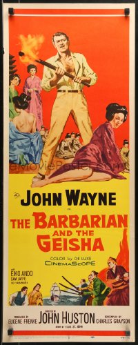 3p0556 BARBARIAN & THE GEISHA insert 1958 John Huston, art of John Wayne with torch & Eiko Ando!