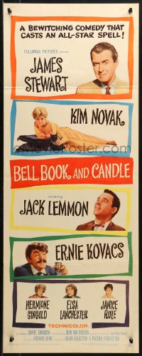 3p0558 BELL, BOOK & CANDLE insert 1958 James Stewart, Lemmon, witch Kim Novak laying with black cat!