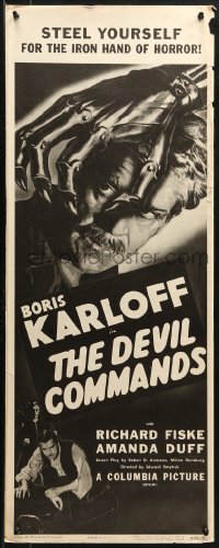 3p0591 DEVIL COMMANDS insert R1955 cool art of Boris Karloff & the devil who commands him!