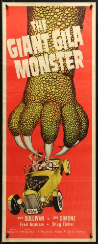 3p0617 GIANT GILA MONSTER insert 1959 classic art of giant monster hand grabbing teens in hot rod!