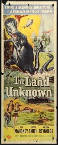 3p0646 LAND UNKNOWN insert 1957 a paradise of hidden terrors, great art of dinosaurs!