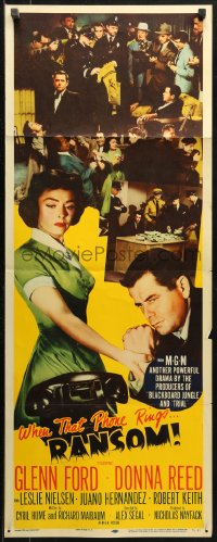 3p0687 RANSOM insert 1956 great image of Glenn Ford & Donna Reed waiting for call from kidnapper!