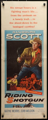3p0691 RIDING SHOTGUN insert 1954 great image of cowboy Randolph Scott with smoking gun!