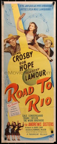 3p0694 ROAD TO RIO insert 1948 great art of Bing Crosby, Bob Hope & sexy Dorothy Lamour on guitar!