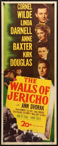 3p0743 WALLS OF JERICHO insert 1948 Cornel Wilde, Linda Darnell, Ann Baxter & Kirk Douglas!