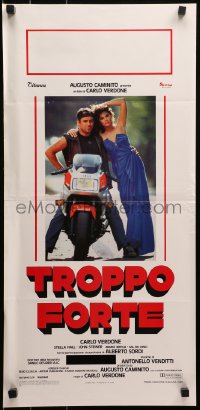 3p0387 TROPPO FORTE Italian locandina 1986 image of Carlo Verdone on motorcycle w/ sexy Stella Hall!