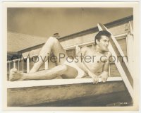 3r0580 TONY CURTIS deluxe 8x10 still 1950 relaxing in swimsuit by surfboard at his beach house!