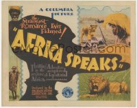 3r0653 AFRICA SPEAKS TC 1930 lions & natives + silhouette art, unexplored regions of Africa, rare!