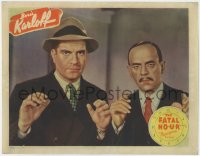 3r1120 FATAL HOUR LC 1940 c/u of Grant Withers & Boris Karloff as Mr. Wong putting their hands up!