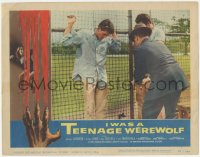 3r1201 I WAS A TEENAGE WEREWOLF LC 1957 AIP classic, 2 men talk to Michael Landon leaning on fence!
