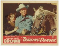 3r1456 TRAILING DANGER LC #8 1947 best close up of cowboy Johnny Mack Brown & Peggy Wynne by horse!
