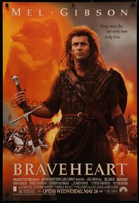 3t0784 BRAVEHEART advance DS 1sh 1995 cool image of Mel Gibson as William Wallace!