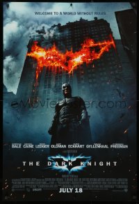 3t0815 DARK KNIGHT int'l advance DS 1sh 2008 Christian Bale as Batman in front of burning bat symbol!