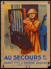 3t0143 AU SECOURS French 24x32 1925 art of soldier Harry Piel carrying gun rack by Gaillant!
