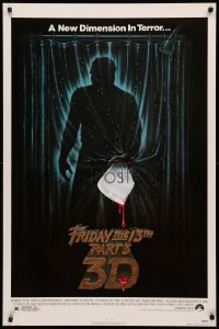 3t0855 FRIDAY THE 13th PART 3 - 3D 1sh 1982 slasher sequel, art of Jason stabbing through shower!