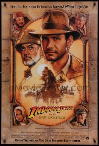 3t0918 INDIANA JONES & THE LAST CRUSADE advance 1sh 1989 Ford/Connery over a brown background by Drew