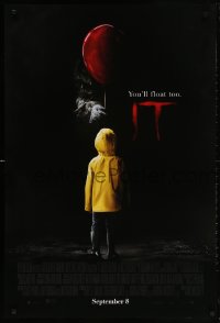 3t0930 IT advance DS 1sh 2017 creepy image of Pennywise handing child balloon, you'll float too!