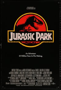 3t0940 JURASSIC PARK DS 1sh 1993 Steven Spielberg, classic logo with T-Rex over red background