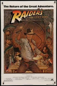3t1043 RAIDERS OF THE LOST ARK 1sh R1982 great Richard Amsel art of adventurer Harrison Ford!