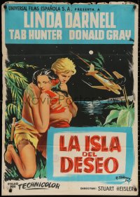 3t0343 ISLAND OF DESIRE Spanish 1954 Pinana art of sexy Linda Darnell & barechested Tab Hunter!