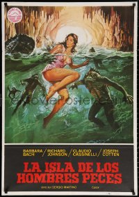 3t0375 SOMETHING WAITS IN THE DARK Spanish 1980 Island of Fishmen, cool art of fishy monster men!
