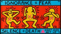 3t0459 KEITH HARING 24x43 special poster 1989 HIV/AIDS, yellow men parodying three wise monkeys!