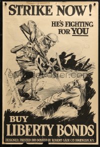 3t0515 BUY LIBERTY BONDS 20x30 WWI war poster 1918 strike now, German soldier bayoneted in trench!