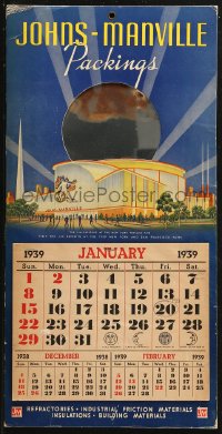 3w0540 1939 NEW YORK WORLD'S FAIR calendar 1939 Johns-Manville building with Trylon & Perisphere!