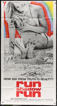3w0375 COVER ME BABE int'l 3sh 1970 c/u of hands in sand grabbing girl in bikini, Run Shadow Run!