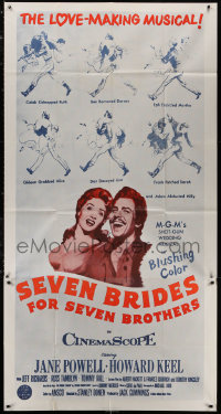 3w0478 SEVEN BRIDES FOR SEVEN BROTHERS int'l 3sh R1960s art of Jane Powell & Howard Keel, classic MGM musical!
