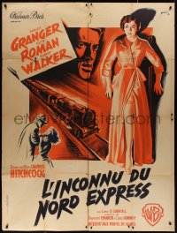 3w1412 STRANGERS ON A TRAIN French 1p R1950s Hitchcock, Grinsson art of Farley Granger & Ruth Roman!