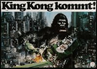 3w0708 KING KONG teaser German 33x47 1976 great John Berkey art of BIG Ape destroying train in city!
