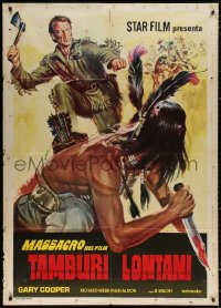 3w1027 DISTANT DRUMS Italian 1p R1973 different art of Gary Cooper attacking Native American, rare!