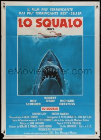 3w1066 JAWS Italian 1p 1975 art of Spielberg's classic man-eating shark attacking sexy swimmer!