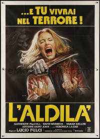 3w0885 BEYOND Italian 2p 1981 Lucio Fulci, disturbing Sciotti art of girl getting throat slashed!