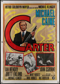 3w0921 GET CARTER Italian 2p 1971 cool art of Michael Caine holding shotgun + sexy Britt Ekland!