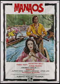 3w0113 SLAVES FROM PRISON CAMP MANAOS Italian 2p 1980 Piovano art of Testi in boat with sexy woman!