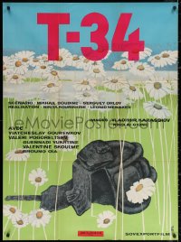 3w0716 ZHAVORONOK export Russian 33x45 1965 TH art of soldier's gear laying in field of flowers!