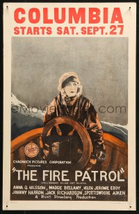 3w0759 FIRE PATROL WC 1924 great art of scared Anna Q. Nilsson at wheel of ship at sea!