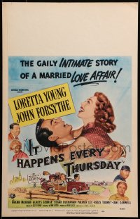 3w0790 IT HAPPENS EVERY THURSDAY WC 1953 Loretta Young, John Forsythe, wacky art of family in car!