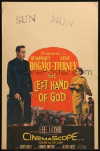 3w0800 LEFT HAND OF GOD WC 1955 art of priest Humphrey Bogart with gun + sexy Gene Tierney!