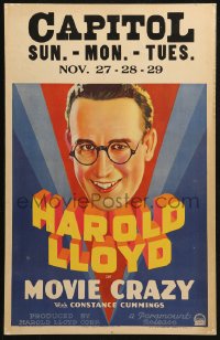 3w0810 MOVIE CRAZY WC 1932 great artwork of Harold Lloyd wearing his trademark glasses, very rare!