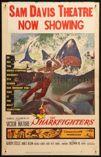 3w0837 SHARKFIGHTERS WC 1956 cool art of man with one knife against a thousand knifed teeth!