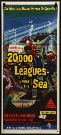 3x0302 20,000 LEAGUES UNDER THE SEA Aust daybill R1960s Jules Verne classic, art of deep sea divers!