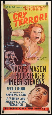 3x0362 CRY TERROR Aust daybill 1958 James Mason, Steiger, cool noir art, an experience in suspense!