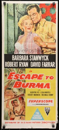 3x0386 ESCAPE TO BURMA Aust daybill 1955 Robert Ryan & Barbara Stanwyck in Asia, different images!