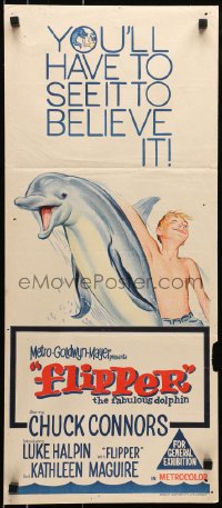 3x0398 FLIPPER Aust daybill 1963 Chuck Connors, Luke Halpin, cool art of boy & dolphin!
