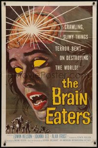 3x0690 BRAIN EATERS 1sh 1958 AIP, classic close-up sci-fi horror art of girl's brain exploding!