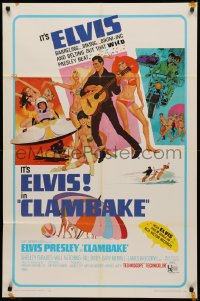 3x0725 CLAMBAKE 1sh 1967 McGinnis art of Elvis Presley in speed boat w/sexy babes, rock & roll!