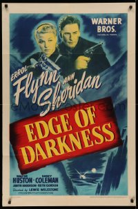 3x0799 EDGE OF DARKNESS 1sh 1942 great image of Errol Flynn & Ann Sheridan, both pointing guns!